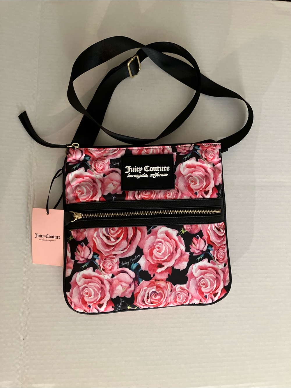 Juicy Couture Pink Rose Print Black Trim Crossbody Bag